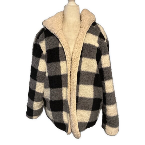 Womens Black Gray White Checked Fleece Long Sleeve Warm Hoodie Jacket Xl - Picture 1 of 2